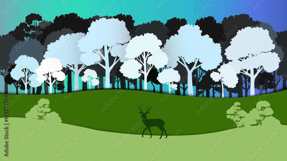 Deer in the forest abstract background, paper art style vector illustration.