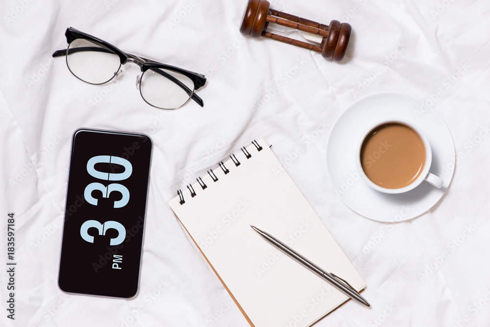 Morning Coffee and Diary with Clock and wooden pencil on cloth top view, woman creative business con