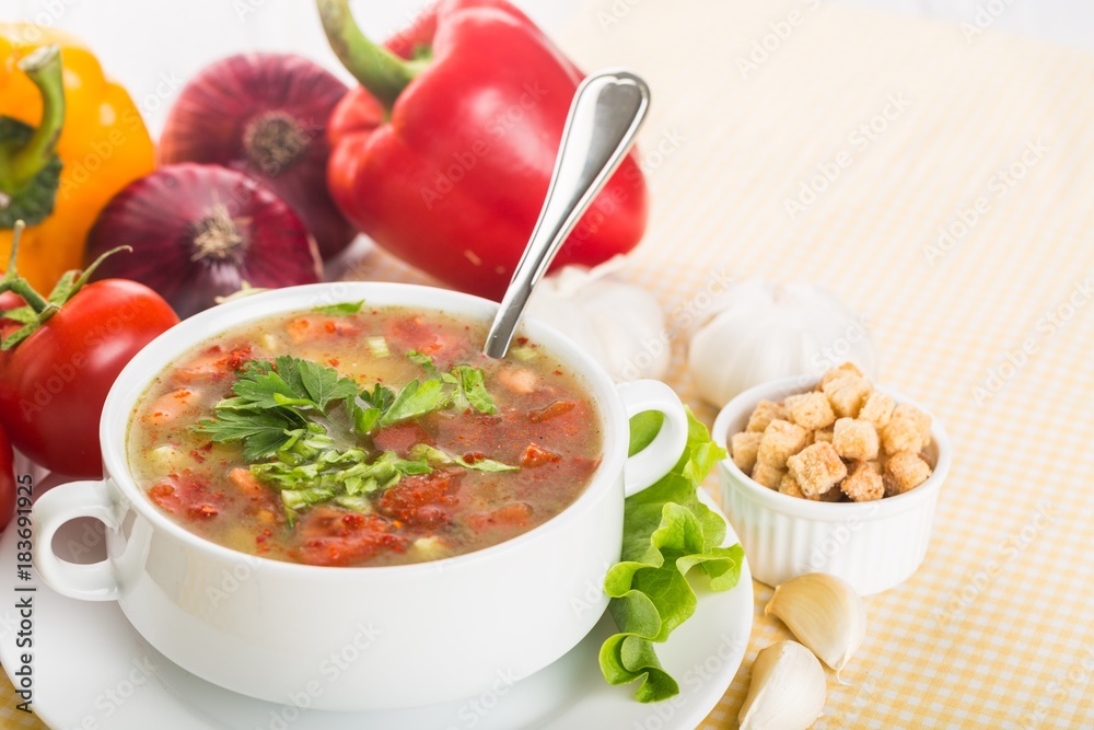 roasted tomato soup with beans, celery and sweet pepper