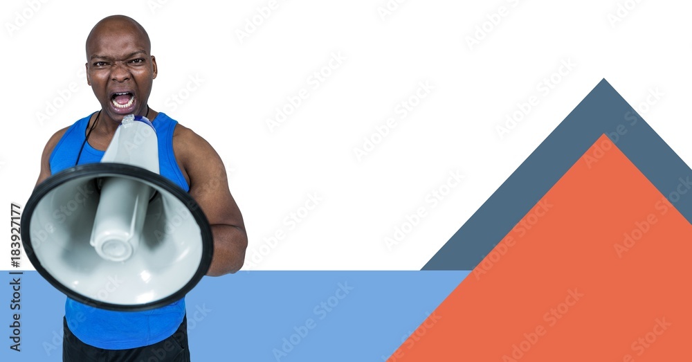 Fitness trainer man with minimal shapes and megaphone