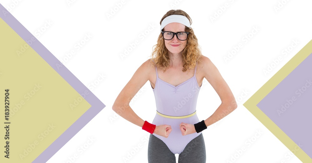 Fitness trainer woman with minimal shapes and glasses