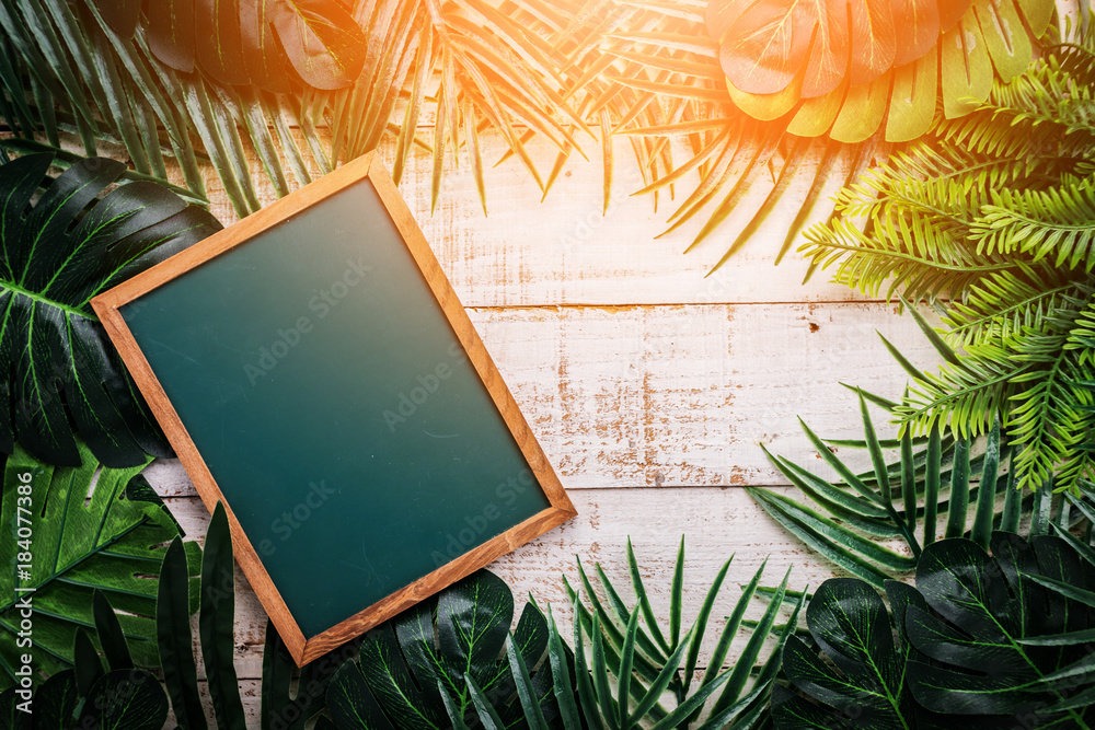 summer ideas concept with tropical leaf frame border with chalk board on white vintage wooden backgr