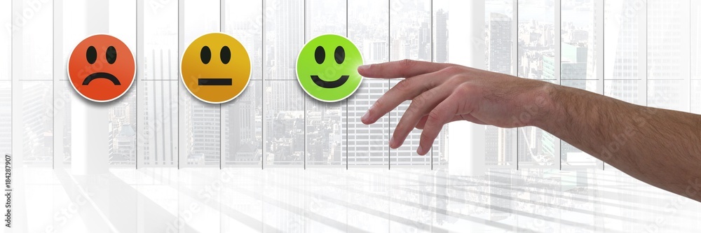 Hand touching feedback smiley faces satisfaction icons