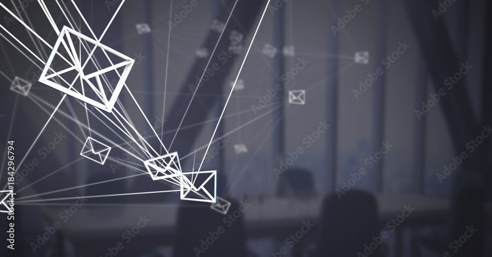 3D connected email message icons with dark background