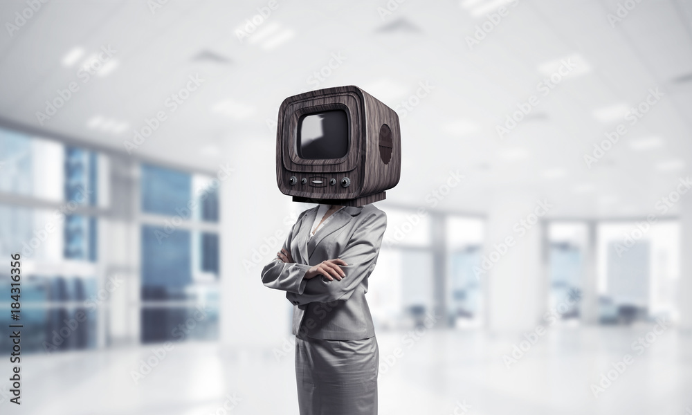 Business woman with old TV instead of head.