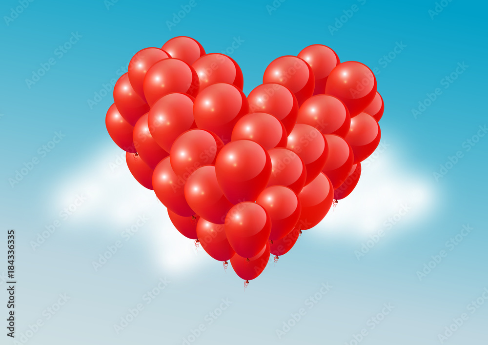 Red heart balloons in blue sky, Happy Valentines Day, vector illustration