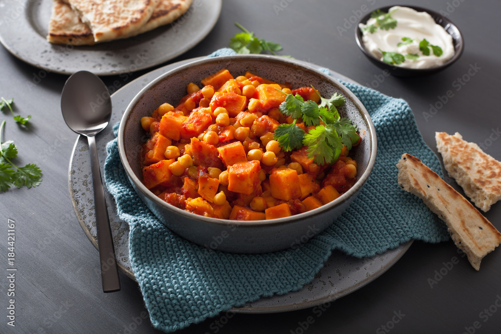 sweet potato and chickpea curry with naan bread