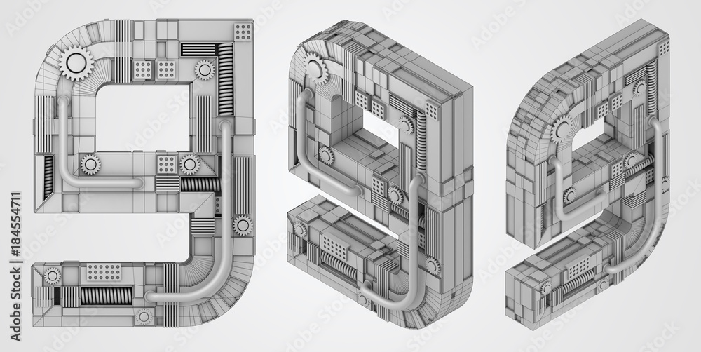 数字9九，具有孤立白色背景的3D渲染字体