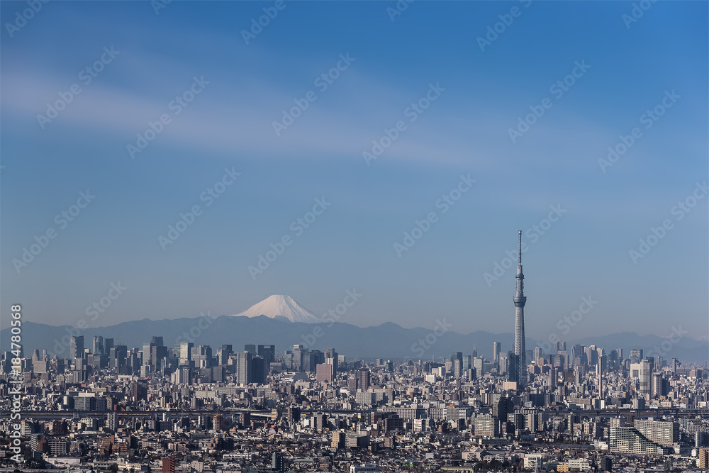 Tokyo city view , Tokyo sky tree with Tokyo downtown building and Winter Mountain fuji in background