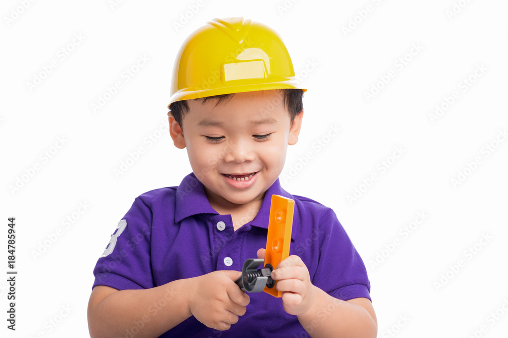 Little repairman in hardhat with repair tools