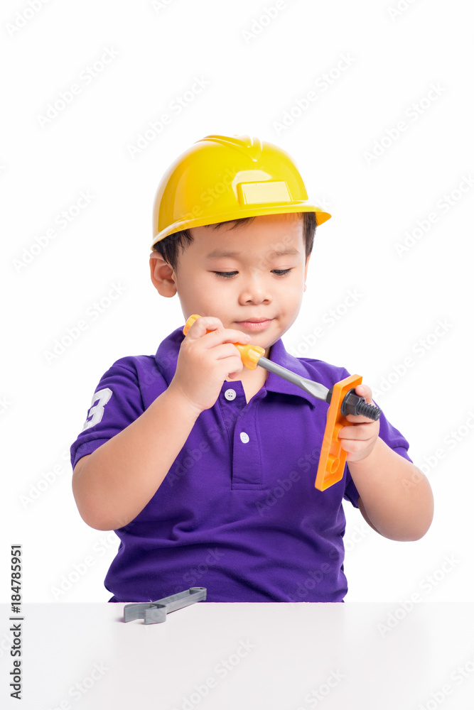 Little repairman in hardhat with repair tools