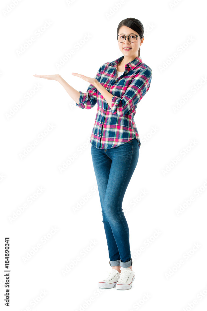 happy female teacher standing on white background