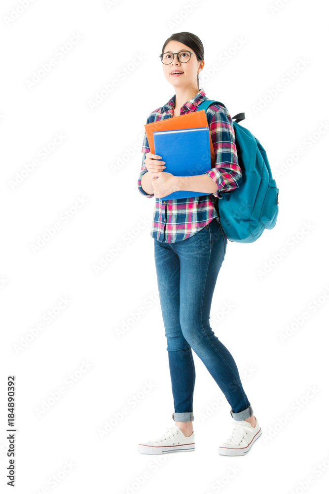 young pretty student girl looking at empty screen