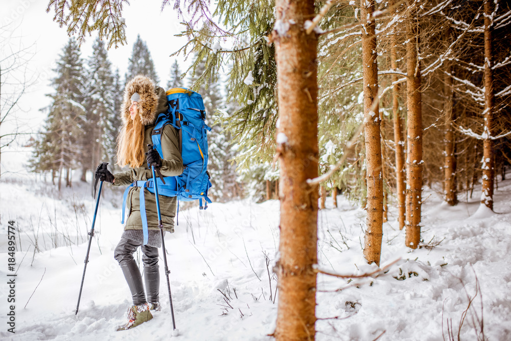 穿着冬装的女人背着背包和追踪棒在白雪皑皑的冷杉林中徒步旅行