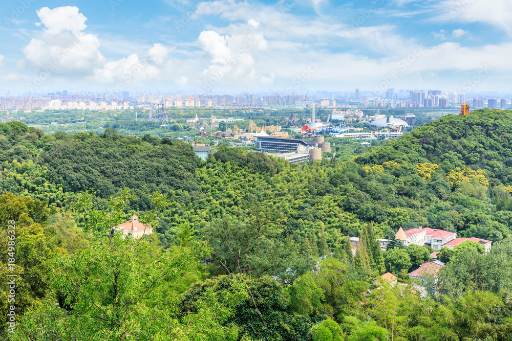 中国上海市郊的住宅楼和绿色森林，鸟瞰图