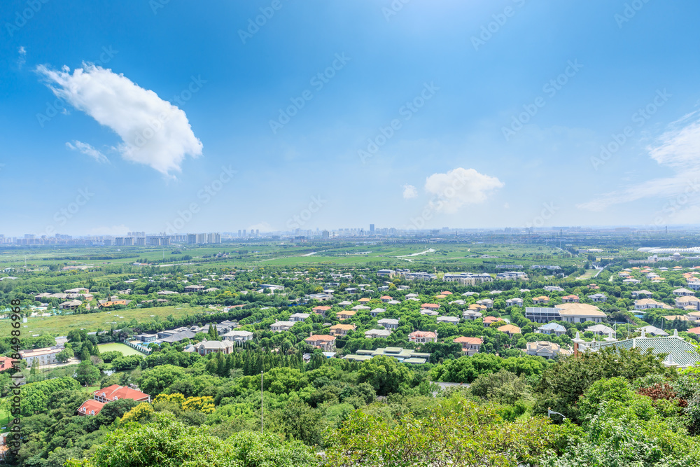 中国上海市郊的住宅楼和绿色森林，鸟瞰图