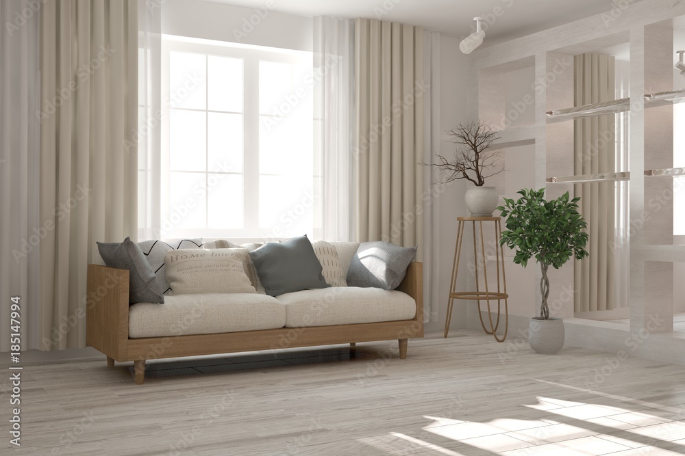 Idea of white minimalist room with sofa. Scandinavian interior design. 3D illustration