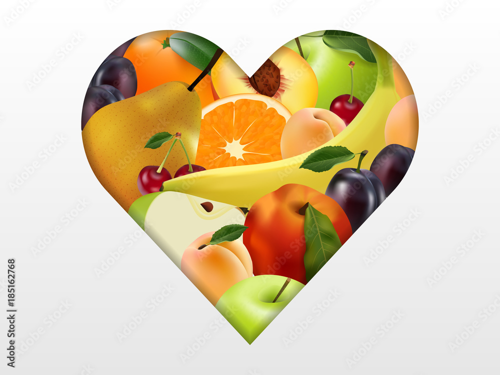 Heart with fruit, realistic style, juicy fruits, multifruit, Apple, pear, orange, peach, apricot, ba