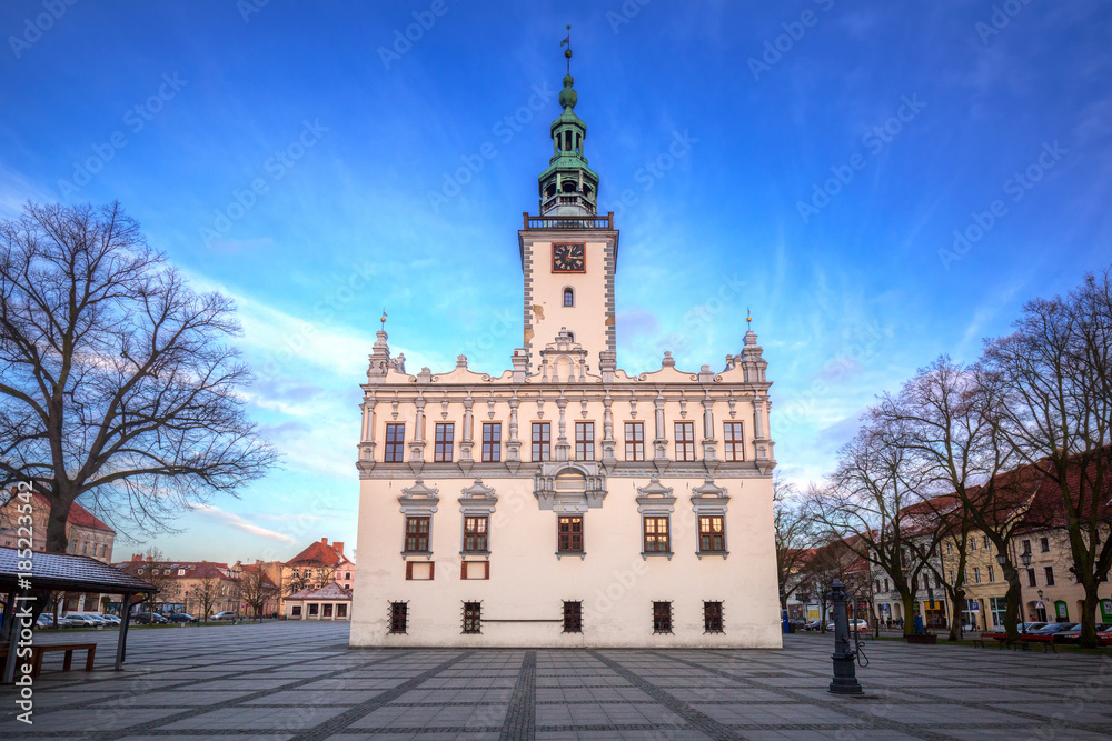 Old town square with historical town hall in Chelmno at dusk, Poland