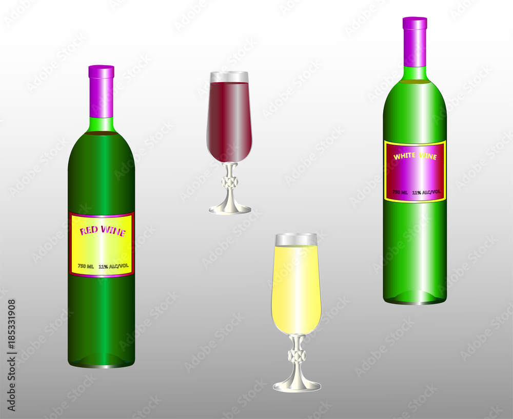 Two bottles and two wine glasses with red and white wine. Labels are modified or replaced. Vector il