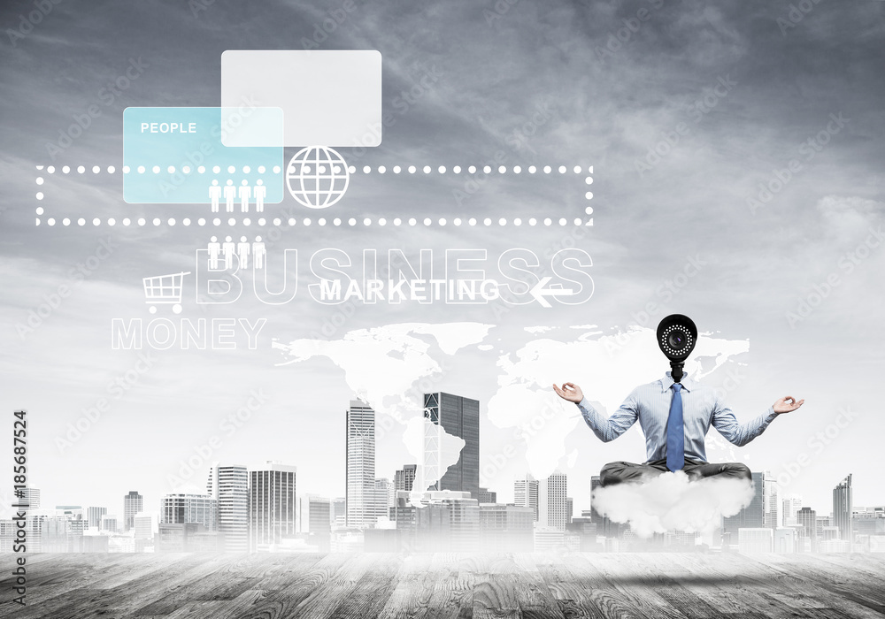 Camera headed man sitting in lotus pose on cloud against modern 