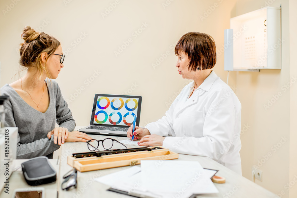 Senior woman ophthalmologist with young female patient during the consultation in the ophthalmologic