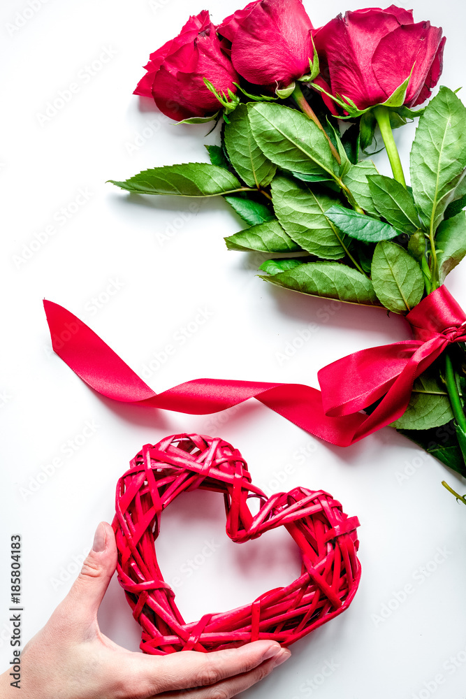 concept Valentines Day with flower white background top view