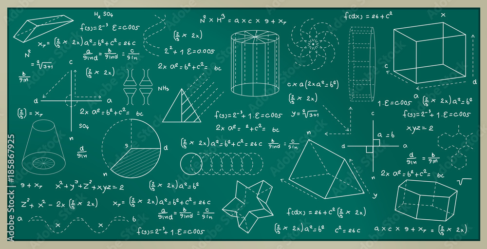 带有几何图形和编号公式的黑板。