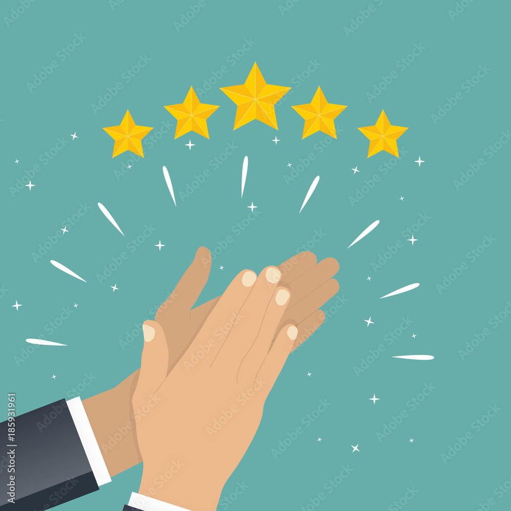 Flat Design Hand with Star Rating.  Evaluation System and Positive Review Sign. Vector Illustration