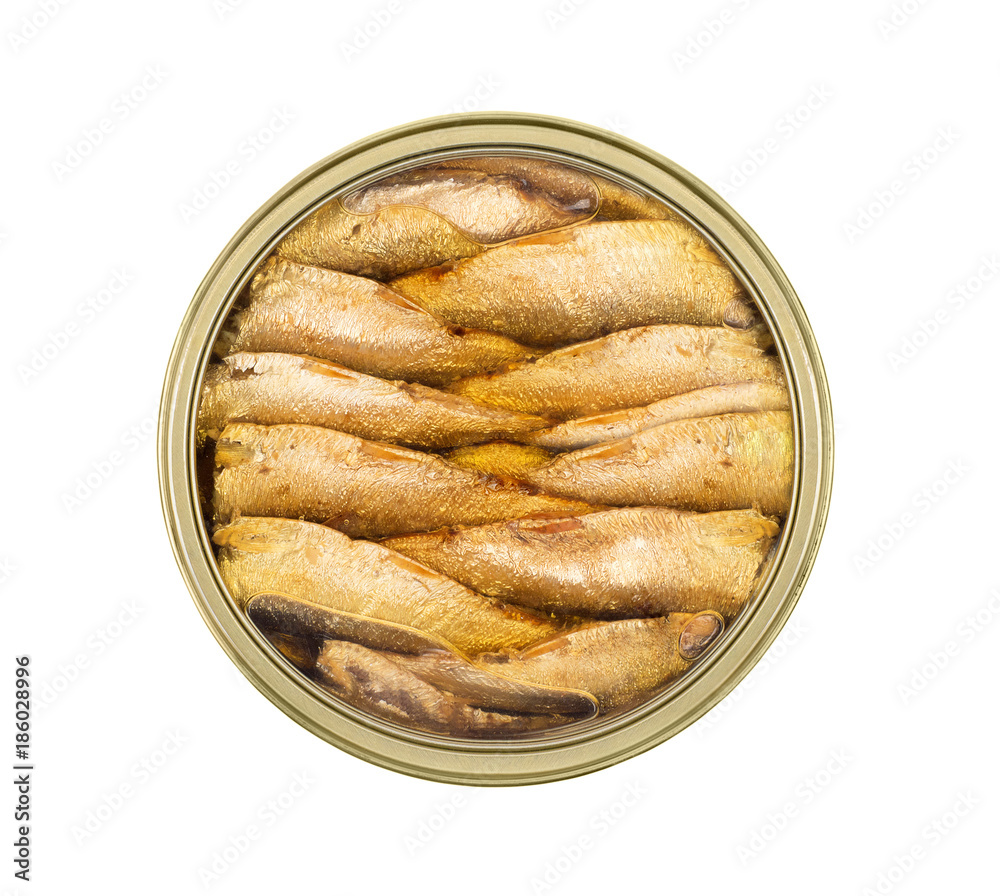 Open can of smoked fish closeup, isolated on white background