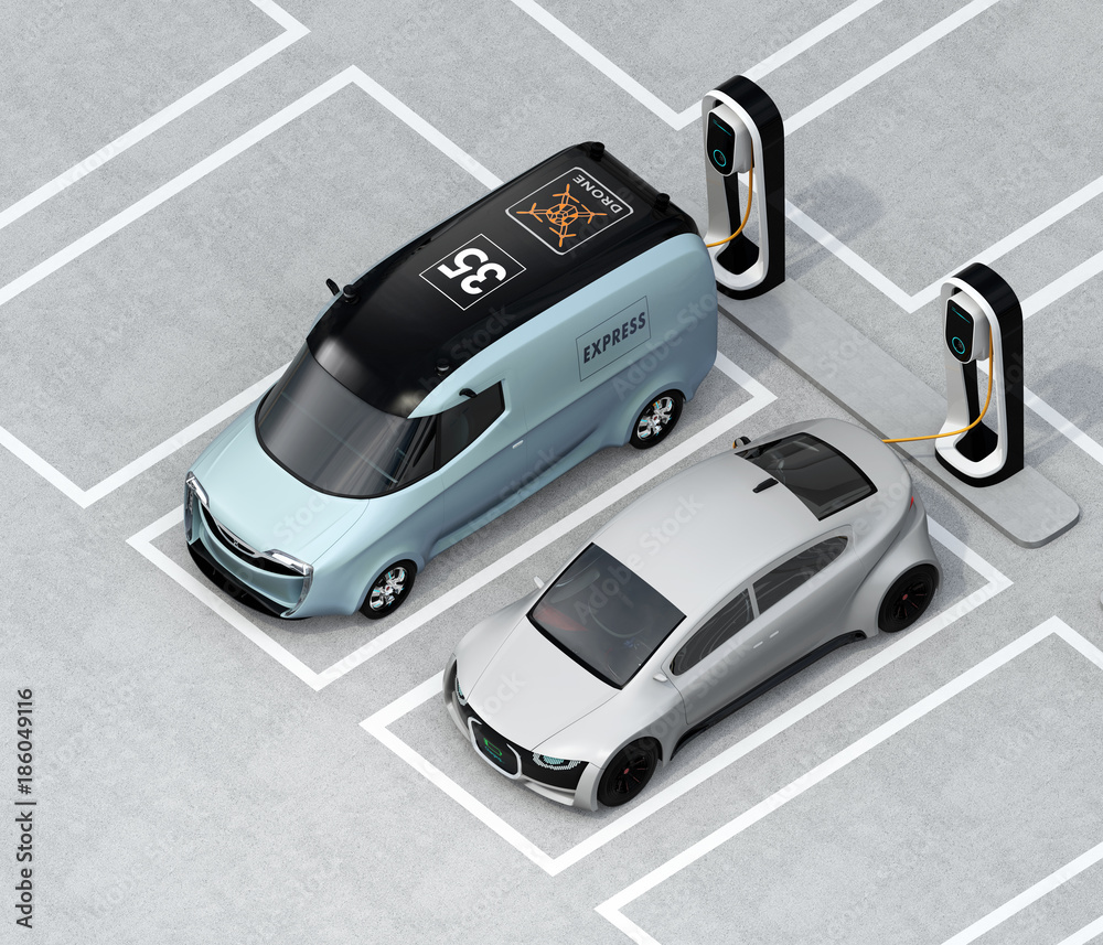 Isometric view of  electric minivan and silver sedan charging at charging station. 3D rendering imag