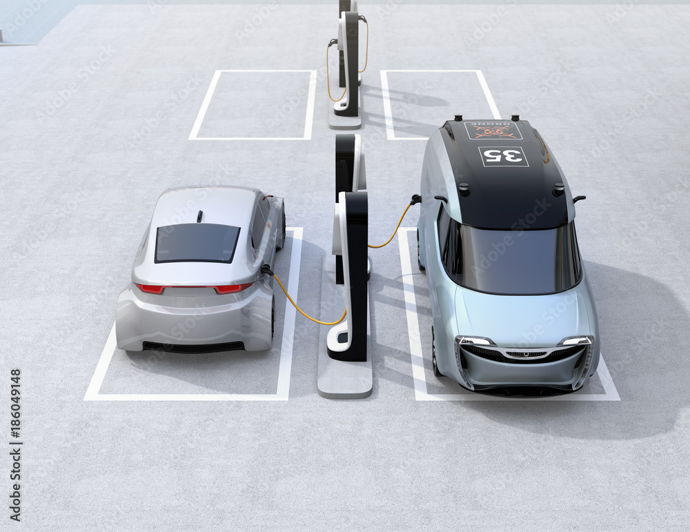 Electric delivery minivan and silver sedan charging at charging station. 3D rendering image.