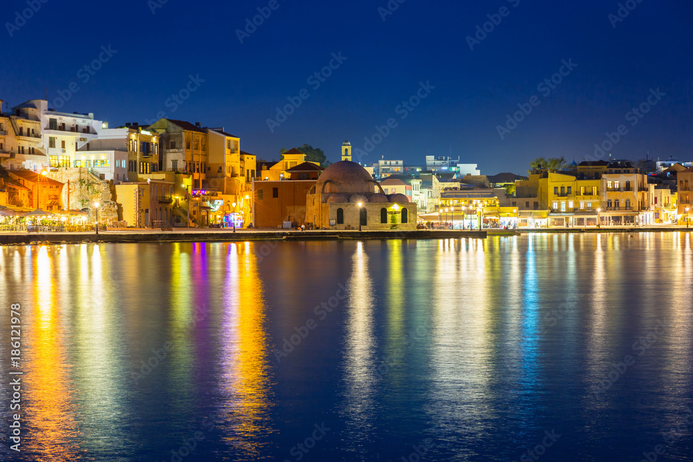 Old town of Chania city at night, Crete. Greece