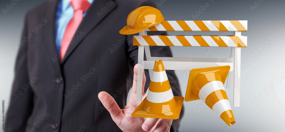 Businessman using digital 3D rendering under construction signs