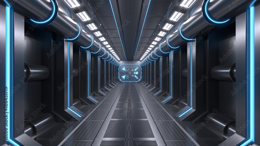 Science background fiction interior room sci-fi spaceship corridors blue ,3D rendering