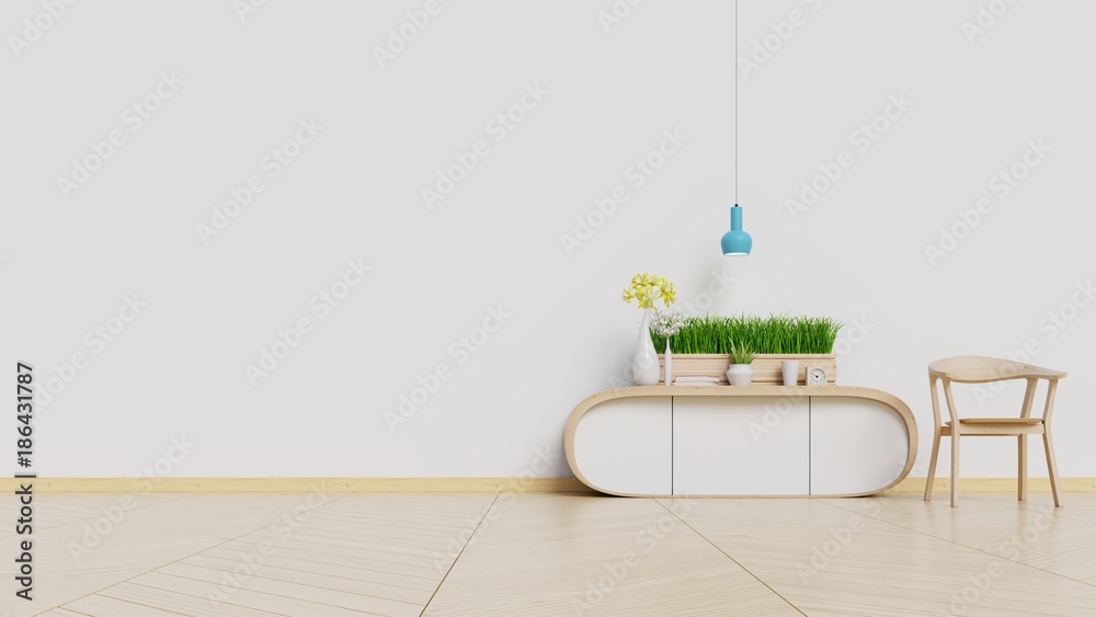 
  
Modern interior of living room with wooden cabinet ,lamp and armchair on white wall background