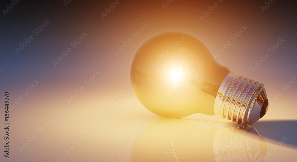 Bright lightbulb on shiny floor 3D rendering