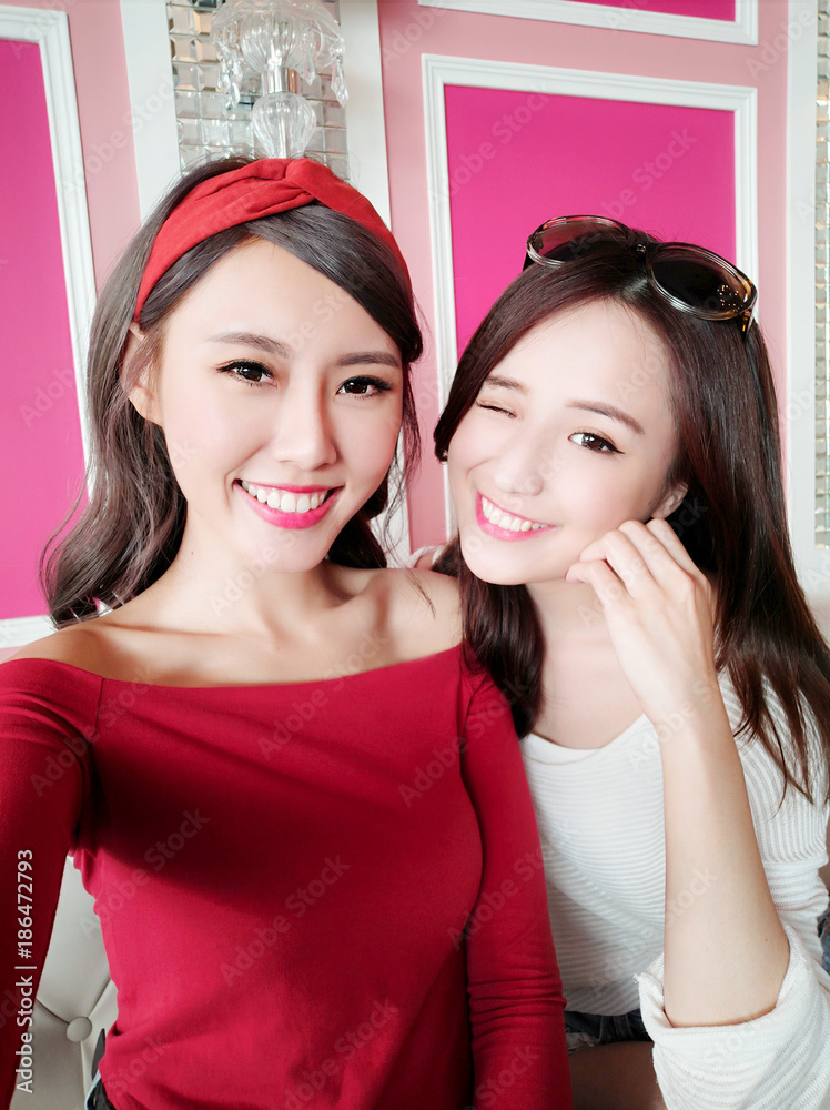 two beauty woman selfie happily