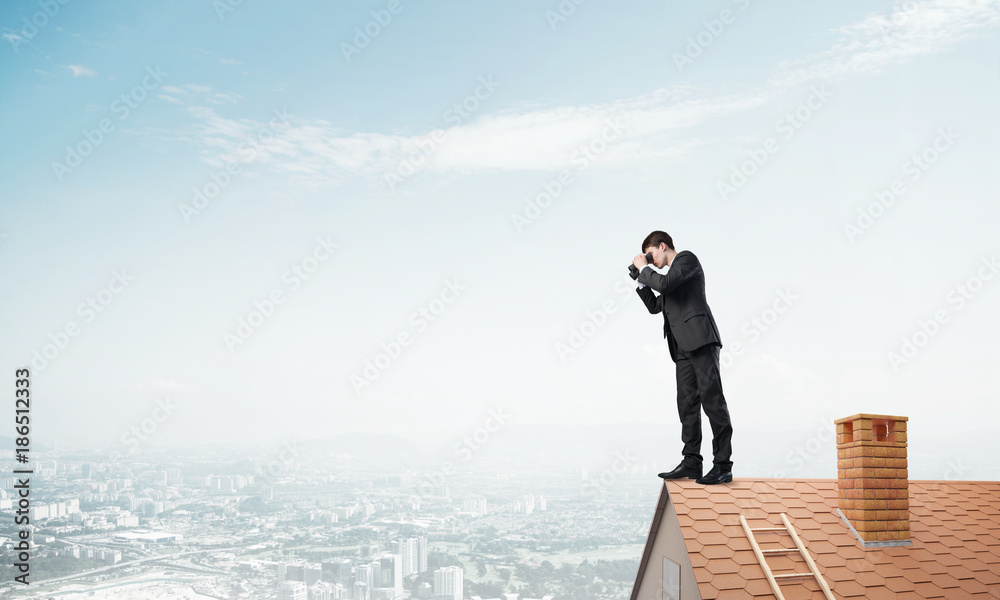 Mister boss on brick roof in search of something new. Mixed media