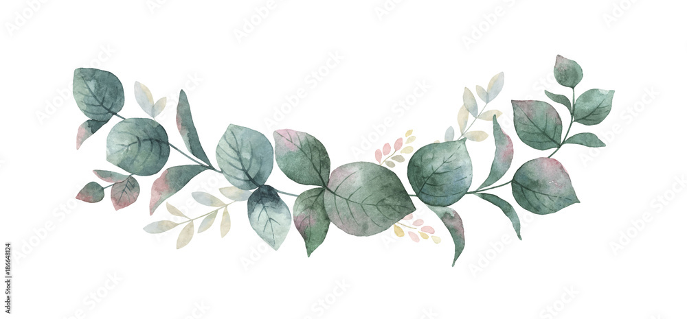 Watercolor vector wreath with green eucalyptus leaves and branches.