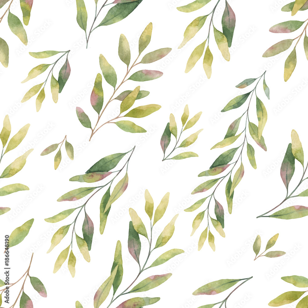 Watercolor vector seamless pattern with silver dollar eucalyptus leaves and branches.