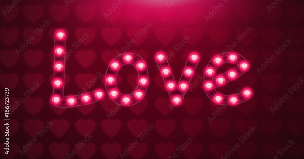 Love text glowing neon light bulbs with heart pattern