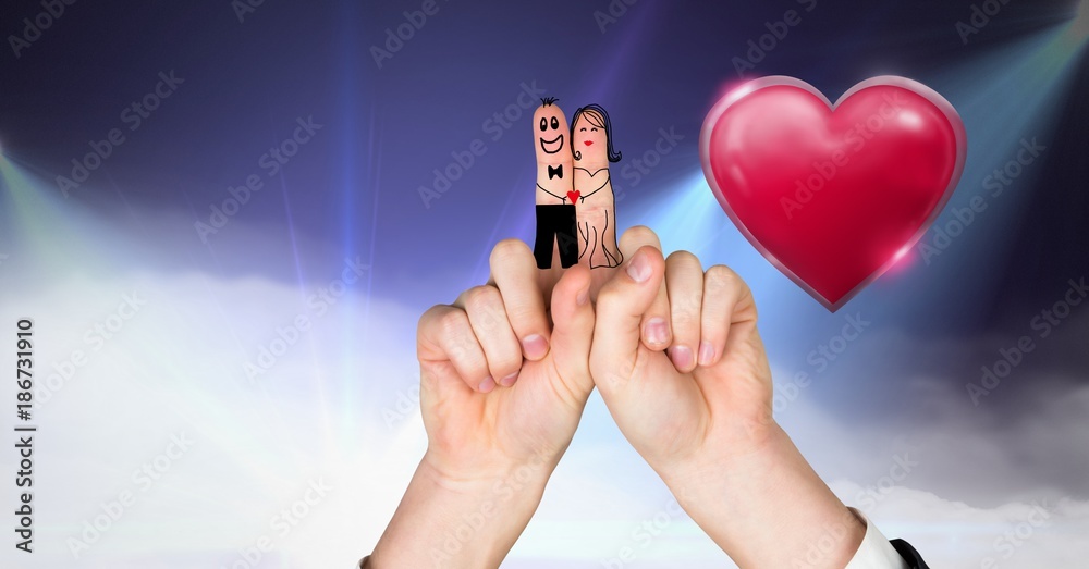 Valentines fingers love couple and Shiny heart glowing with