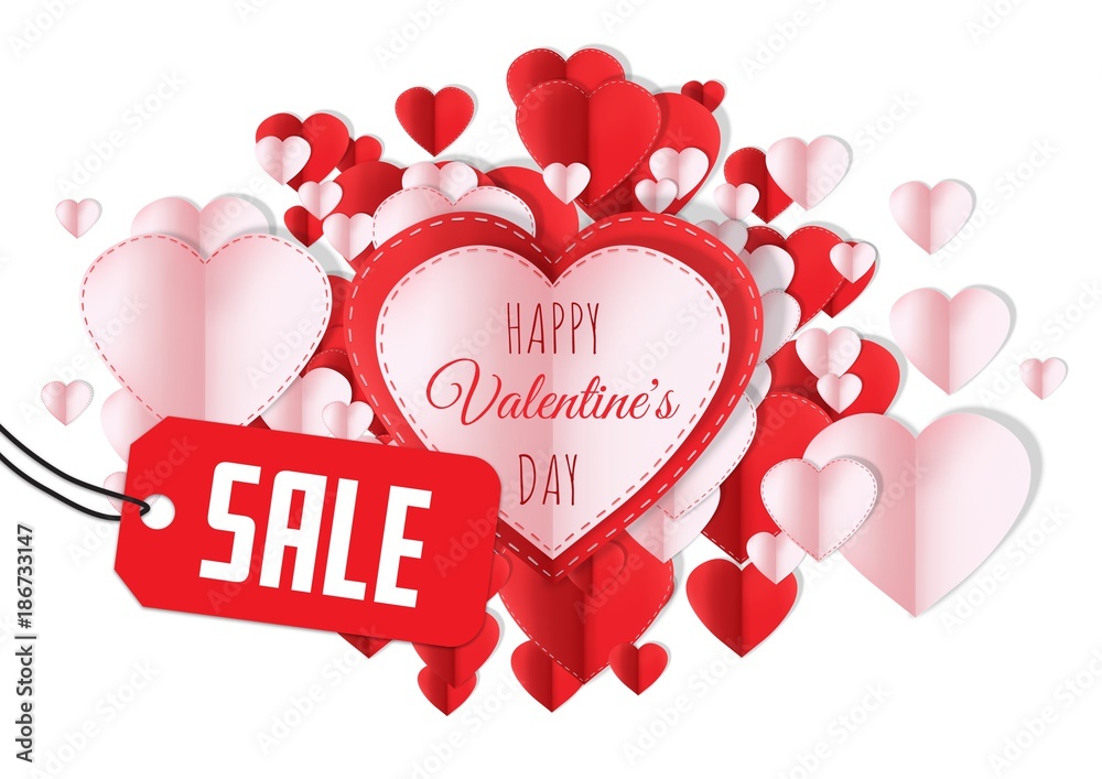 Sale for Happy Valentines Day text and Paper Valentines hearts