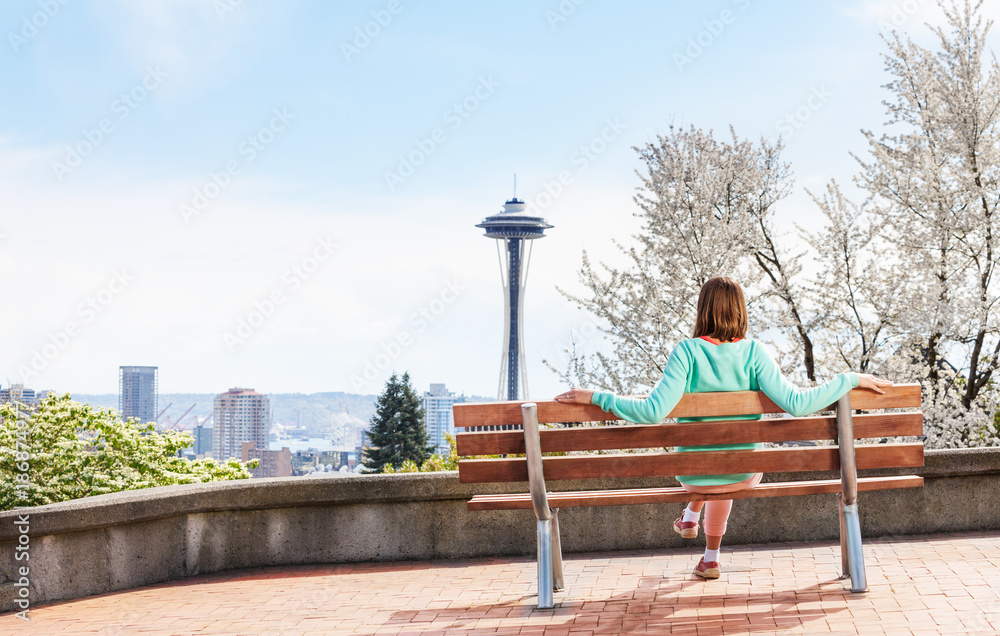 Seattle downtown view woman enjoy from park