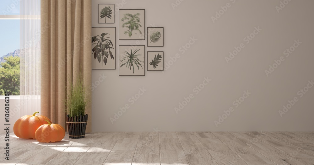 White empty room with summer landscape in window. Scandinavian interior design. 3D illustration