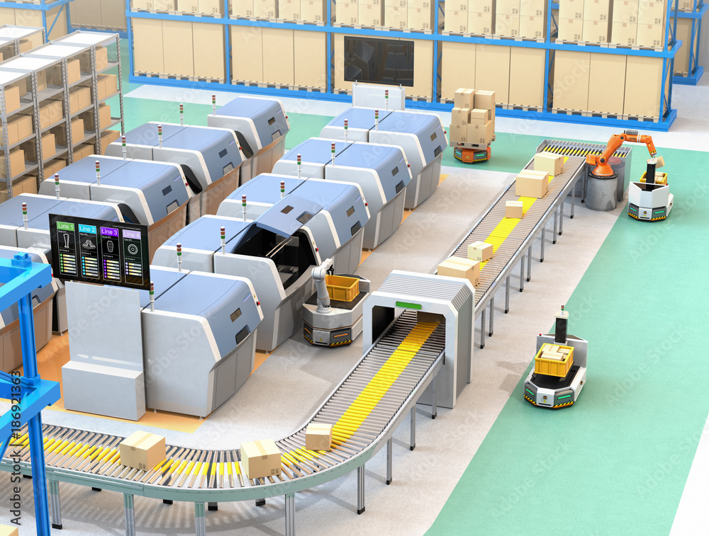 Smart factory equipped with AGV, robot carrier, 3D printers and robotic picking system. 3D rendering