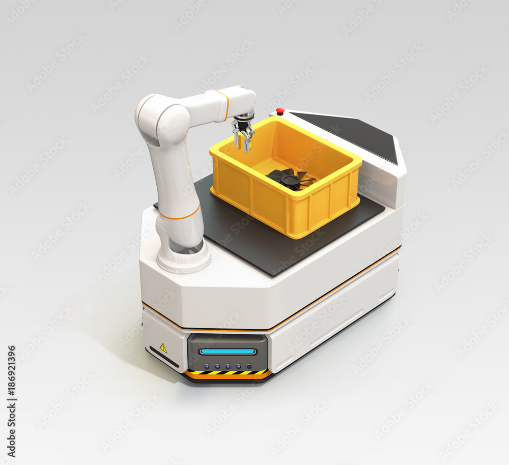 AGV (Automatic guided vehicle) with robotic arm isolated on gray background. 3D rendering image.