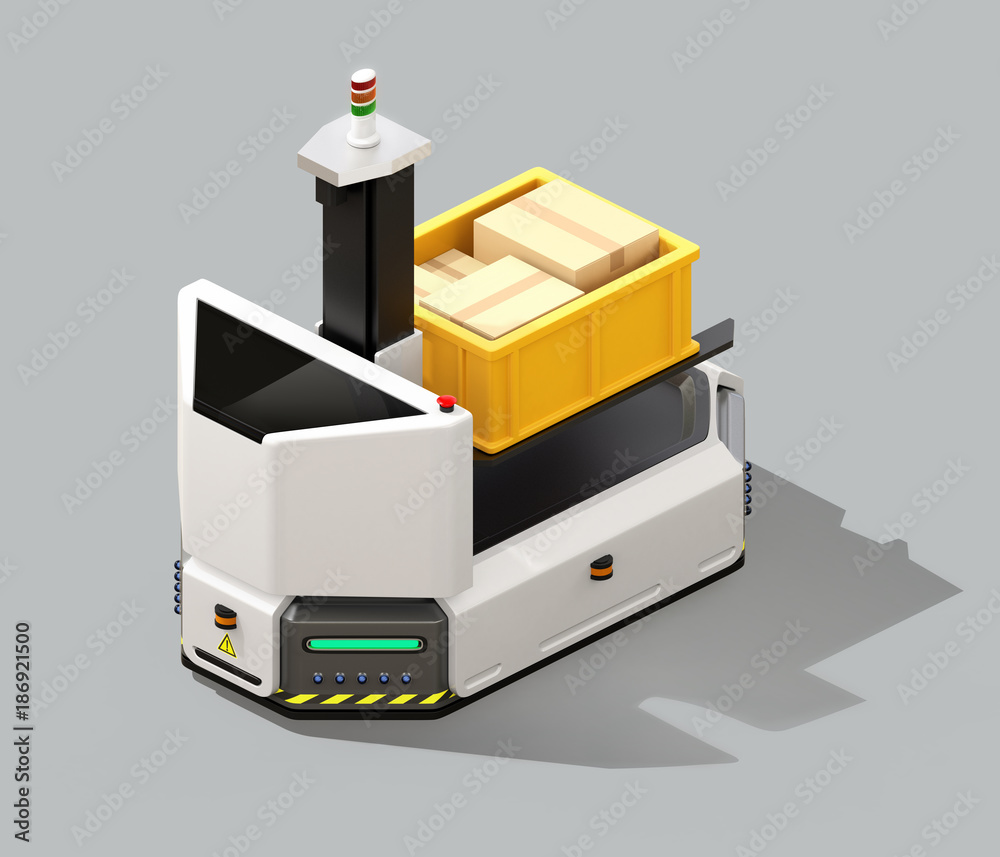 Self driving AGV (Automatic guided vehicle) with forklift isolated on gray background. 3D rendering 