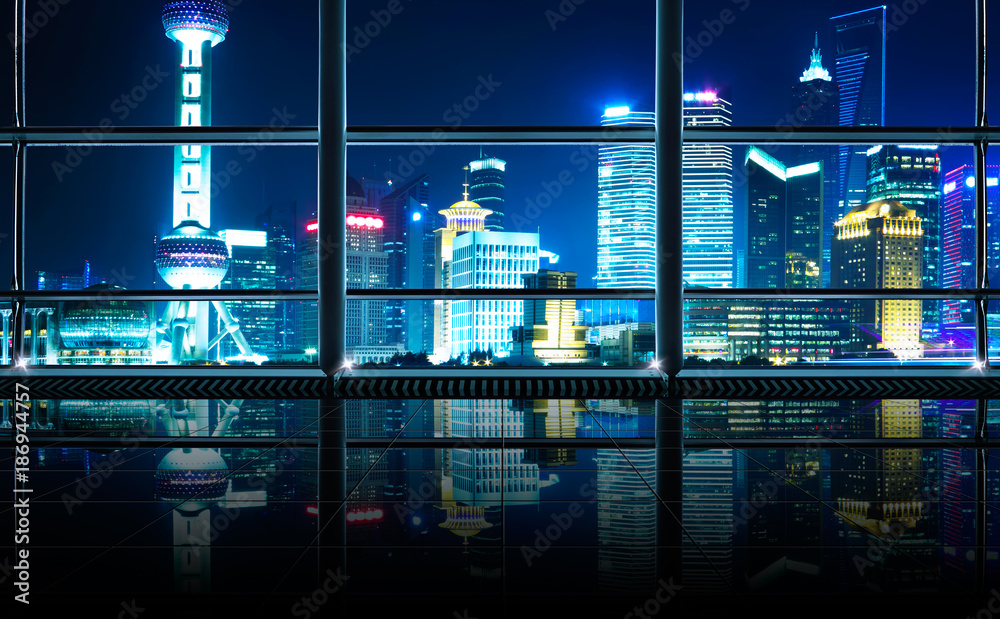 Modern empty and clean office interior with glass windows , shanghai pudong city skyline background 